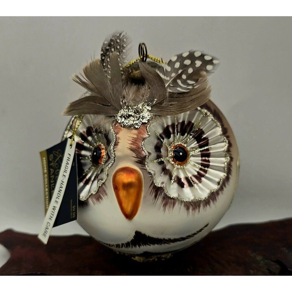 Large Robert Stanley OWL Ornament Christmas 5" Glass, Feathers NWT 2017 FALL